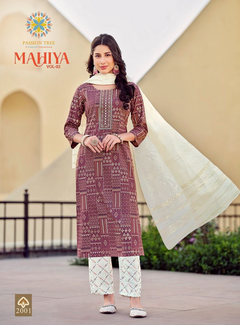 Mahiya Vol 2 By Passion Tree Rayon Gold Printed Kurti With Bottom Dupatta Wholesale Online